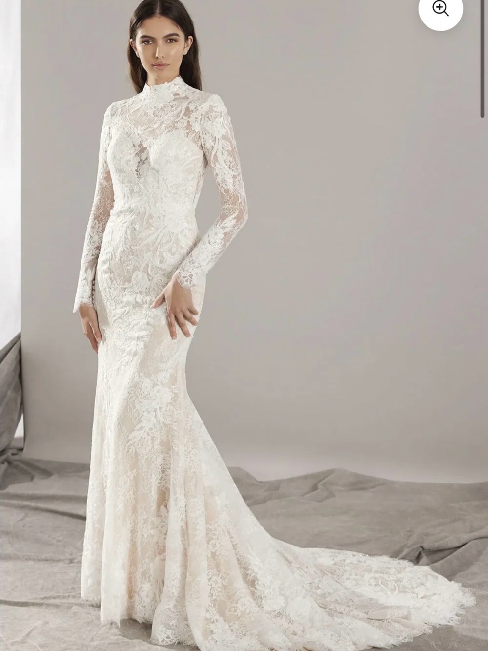 Pronovias White Lace High-Neck Long-Sleeve Mermaid Wedding Dress